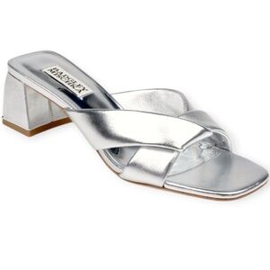 NWOT Badgley Mischka Silver Cross-Strap Mules